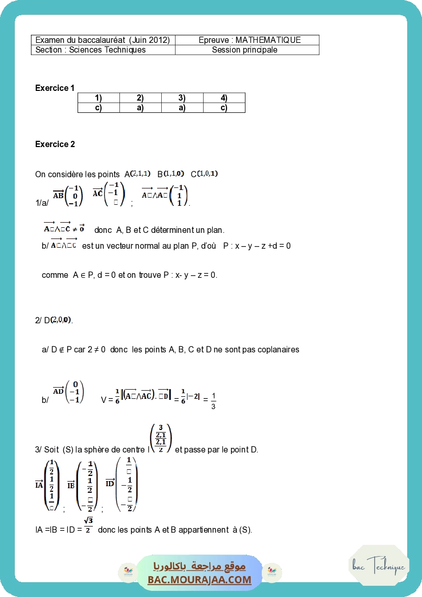 Corrigé principale math Bac 2012 – Section technique